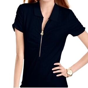 Michael Kors- Black Top with Shirring on Sides & Sleeves. Logo Zipper. Size: XL